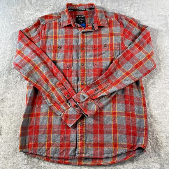 Kavu‎ Flannel Shirt Mens Medium Red Plaid Camping Outdoor Preppy Hiking Pockets - Picture 1 of 9